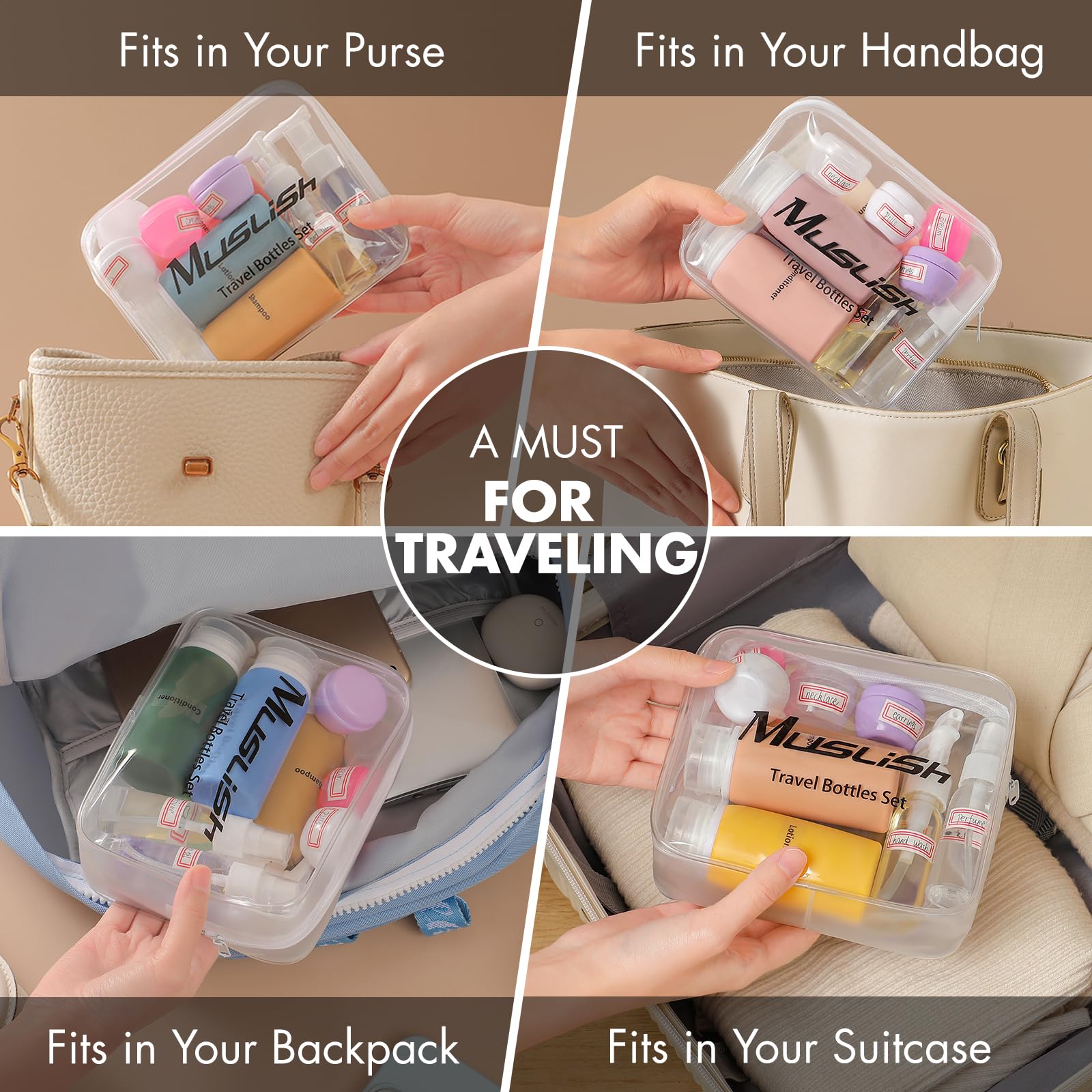 Muslish 21 Pack Leak Proof Silicone Travel Bottles Set, Tsa Approved Containers For Toiletries, Travel Size Accessories And Sham